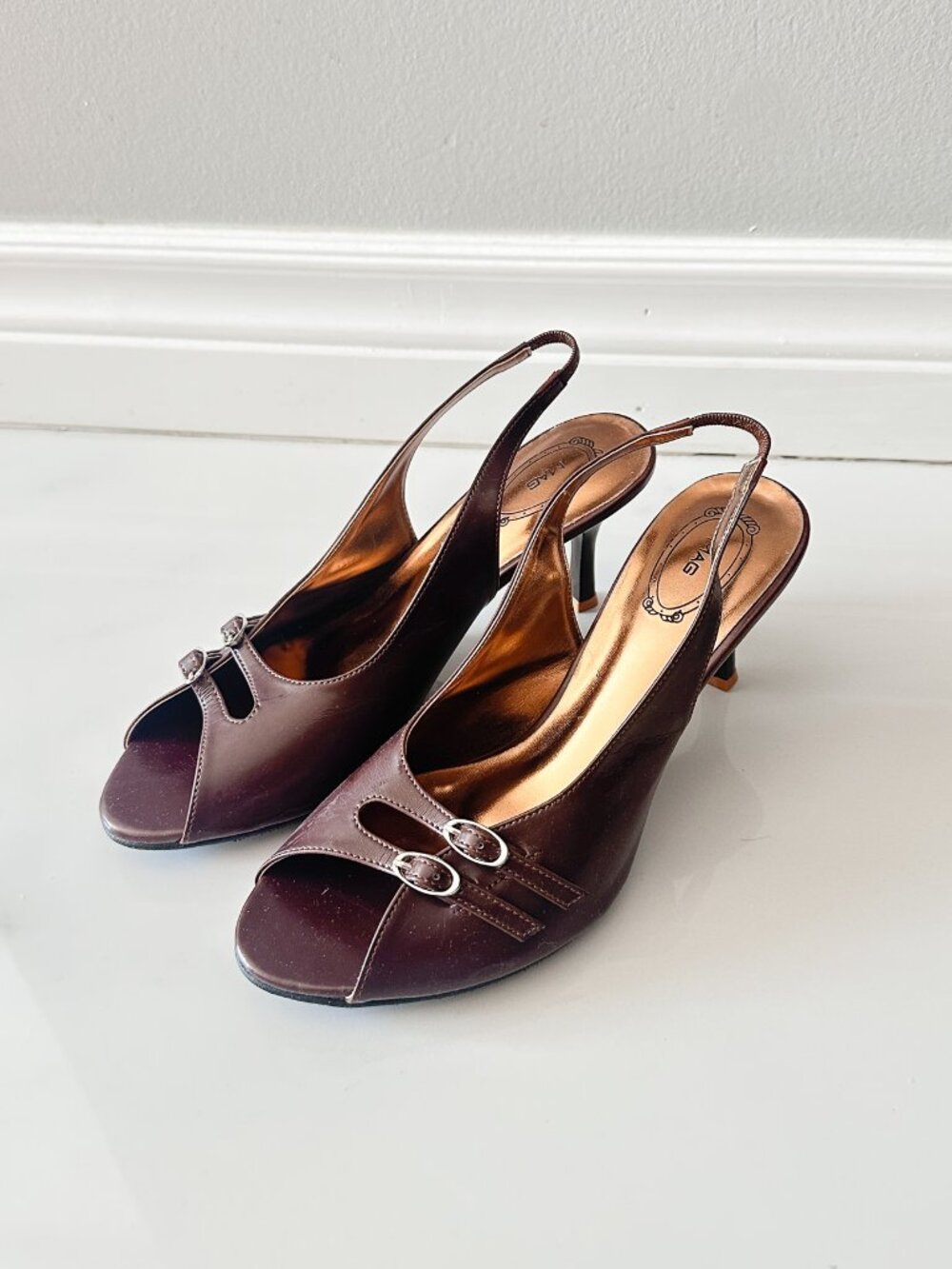 Mahogany Double Buckle Slingbacks, Women's Size 7, Brown Faux Leather Heels